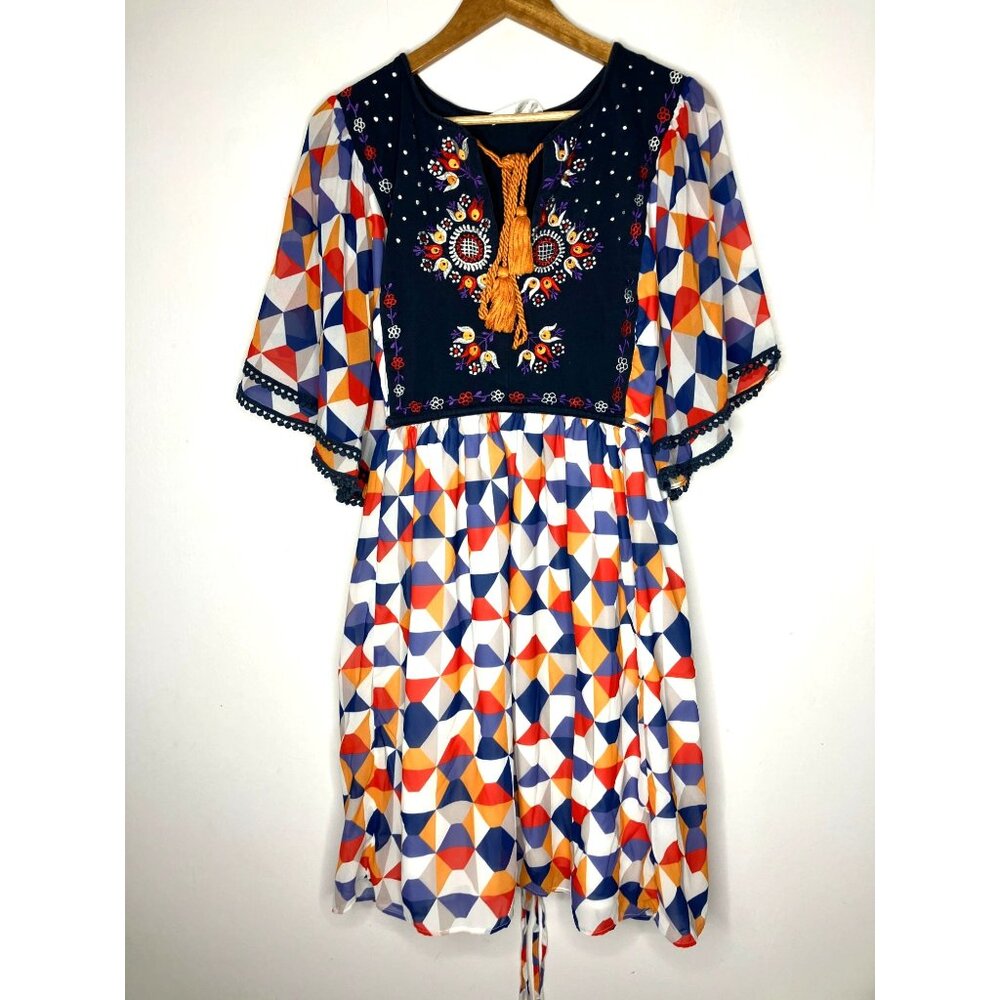 Wayward Fancies Dress Embroidered Floral Geometric Print Boho Chic Art XL READ